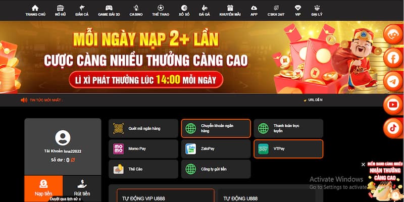 Nạp tiền vào tài khoản U888 qua chuyển khoản ngân hàng nhanh, không lỗi